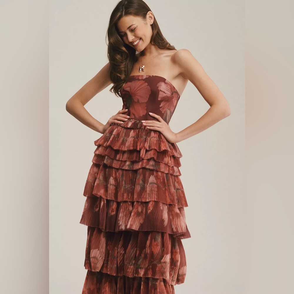 Hutch Nalina Strapless Floral Tiered Tulle Maxi Dress